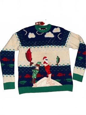 Santa and elf Holiday Fishing Sweater buzzards bay Sz M camp Christmas party fun